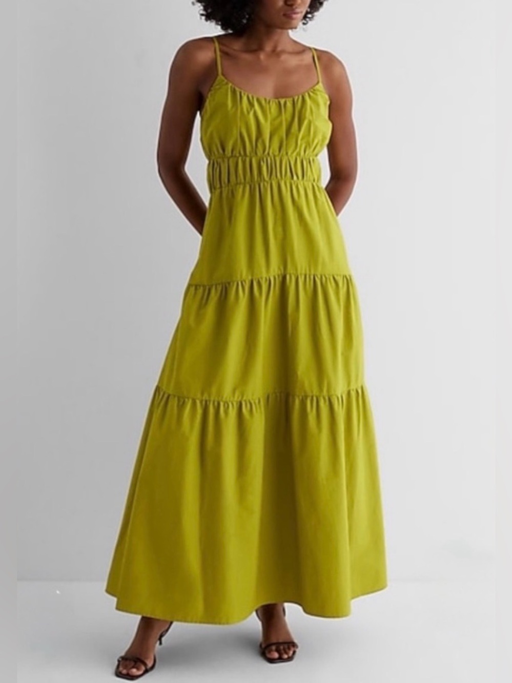 EXPRESS Scoop Neck Pleated Tiered Poplin
Maxi Dress